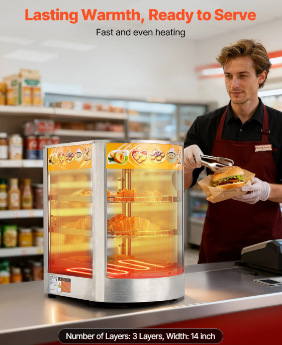 3-Tier Commercial Food Warmer Display, 800W Food Display Warmer with LED Light, Adjustable Shelf and Stainless Steel Frame, 86℉~185℉ Air Heating, 60L for Hamburger, Pizza, Bread, Fried Chicken