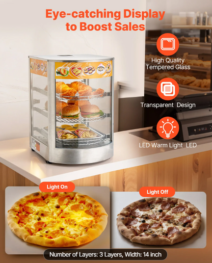 3-Tier Commercial Food Warmer Display, 800W Food Display Warmer with LED Light, Adjustable Shelf and Stainless Steel Frame, 86℉~185℉ Air Heating, 60L for Hamburger, Pizza, Bread, Fried Chicken